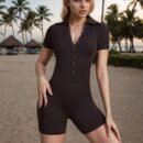 Sleek Yoga Jumpsuit Shorts - Open Collar, High-Stretch Women's Activewear