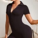 Sleek Yoga Jumpsuit Shorts - Open Collar, High-Stretch Women's Activewear
